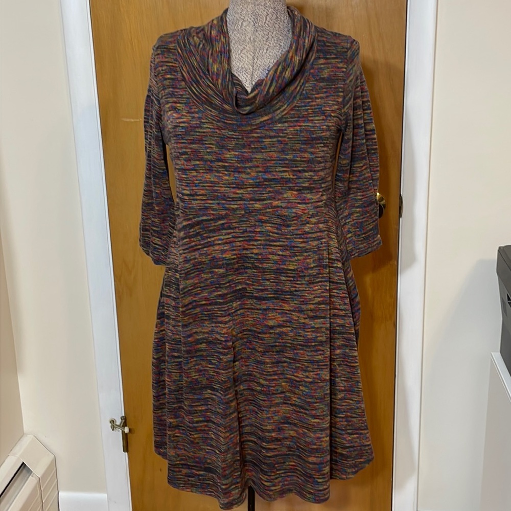 New Directions Womens Large Petite LP Multi Color Dress Mid Length Sleeve